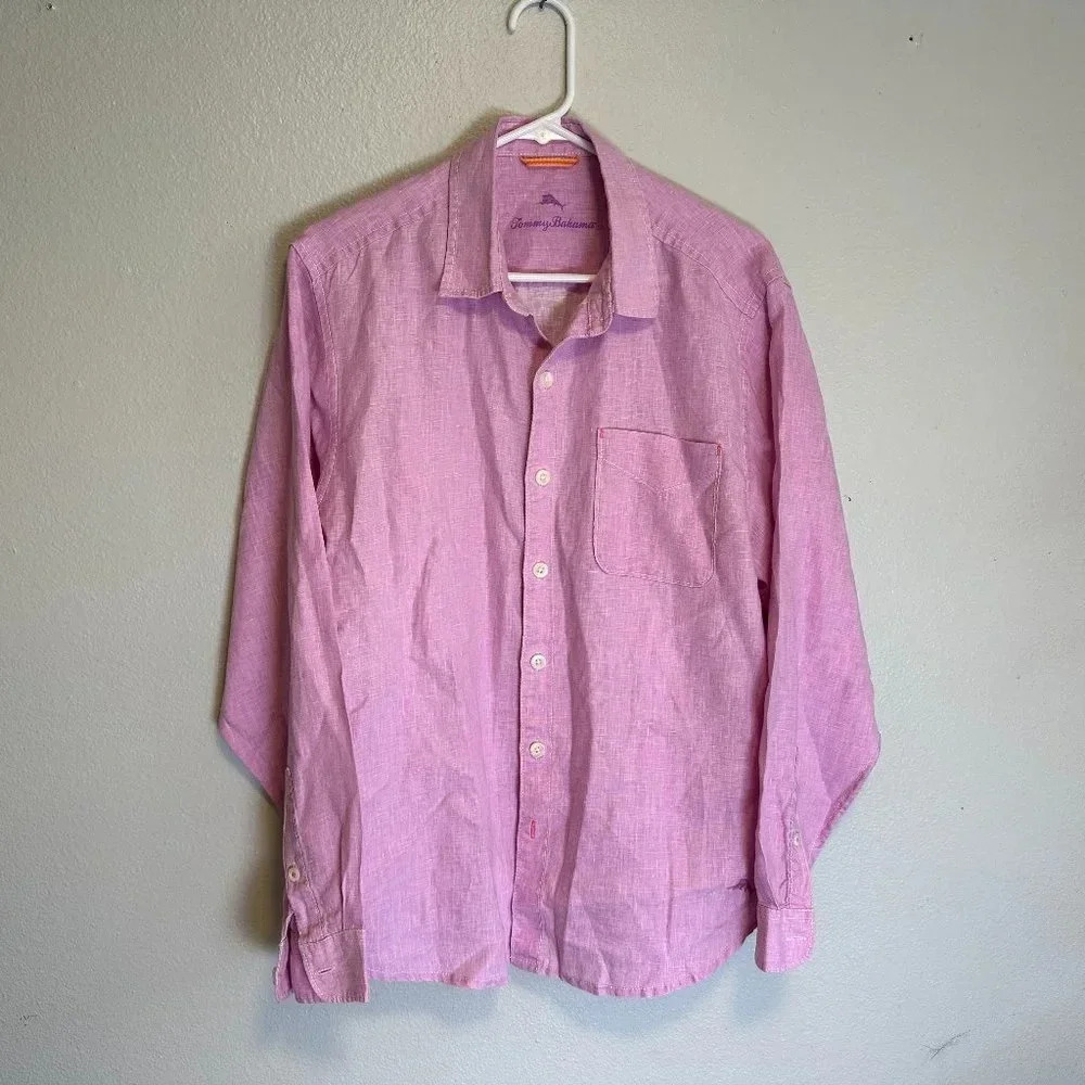 Tommy Bahama 100% Linen Shirt in Pink Size Medium with Small Discoloration